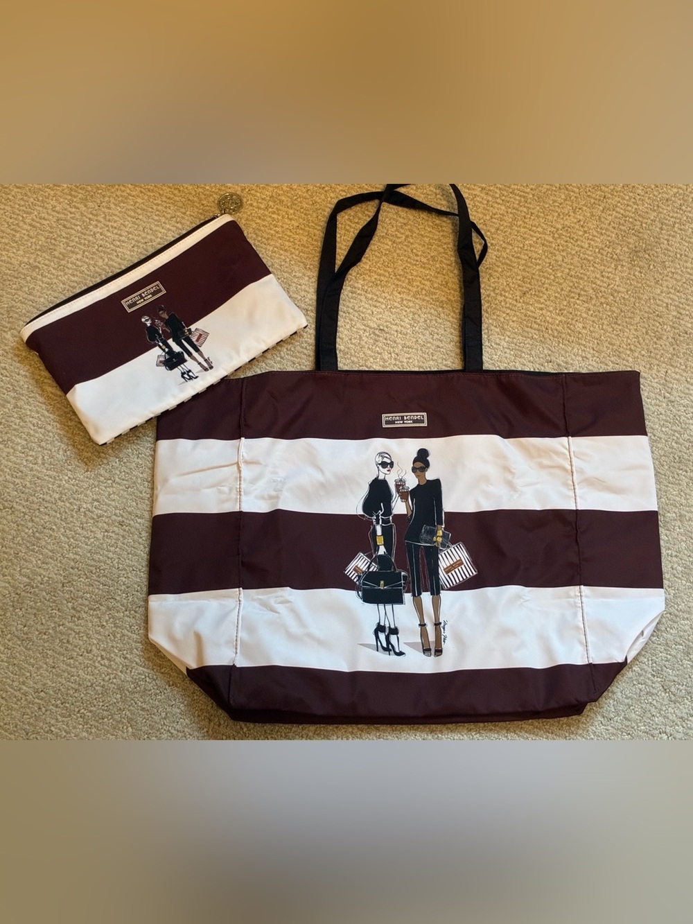 New HENRI BENDEL Striped Tote with Matching Pouch - Rare & Collectible